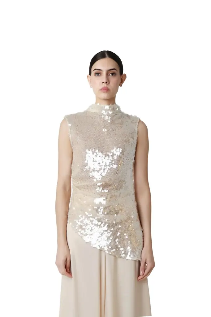 LAPOINTE Mesh Sequin Mockneck Top With Pleats