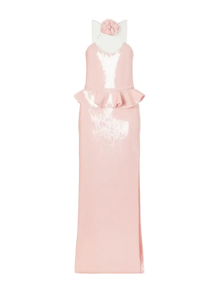 Rodarte Floral-appliquéd Ruffled Sequined Mesh Halterneck Gown