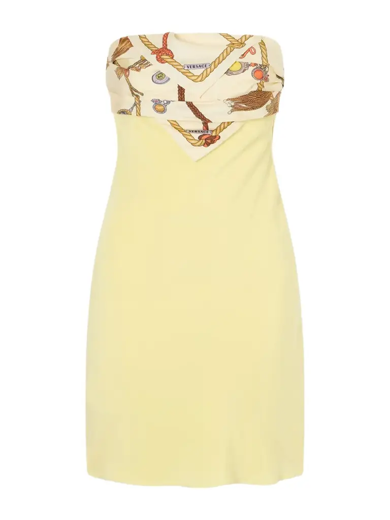 Versace Strapless Printed Twill-trimmed Silk-crepe Mini Dress