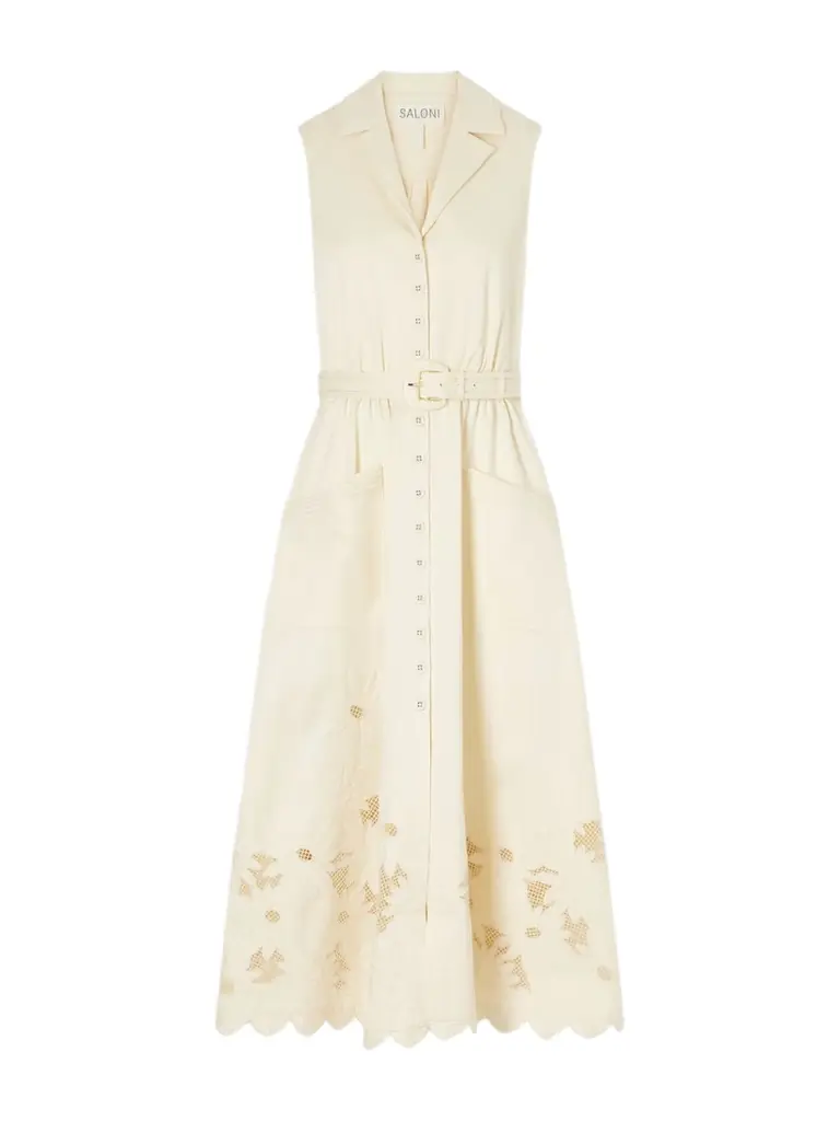 Saloni Kirat Belted Scalloped Embroidered Poplin Midi Dress