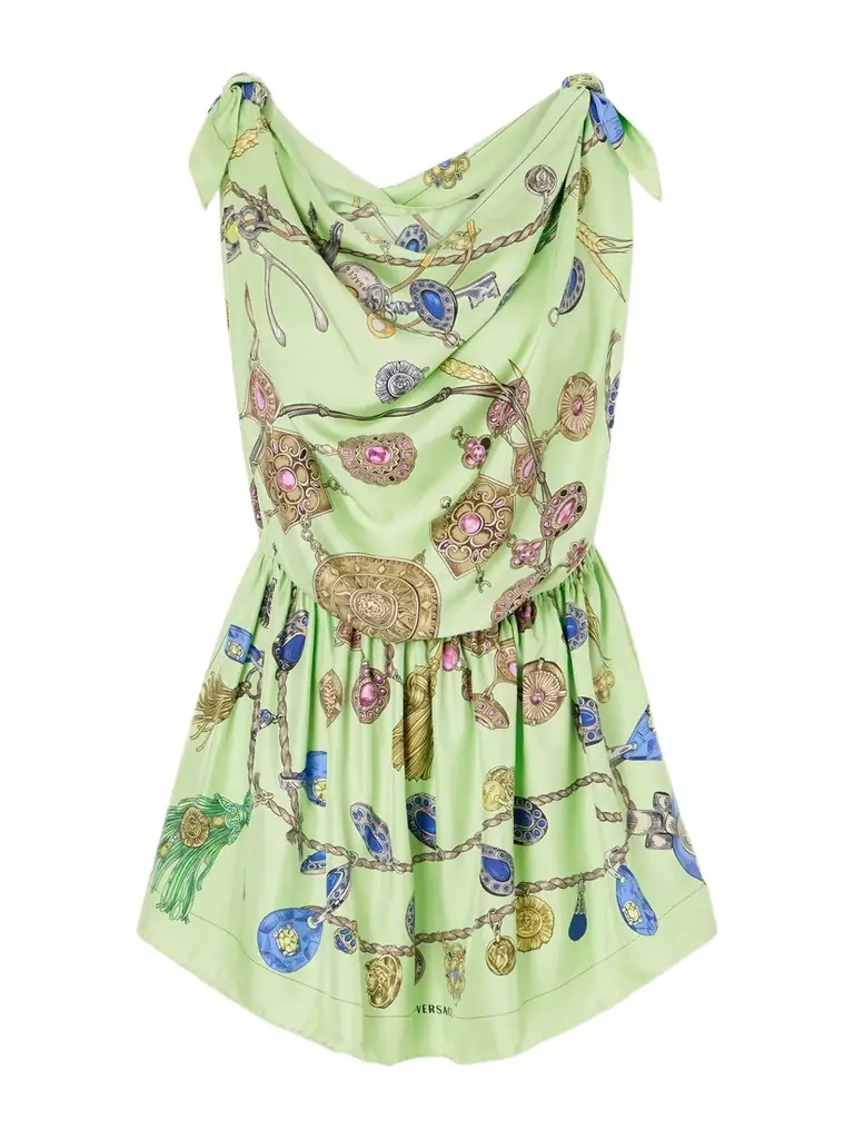 Versace Knotted Draped Printed Silk-twill Mini Dress