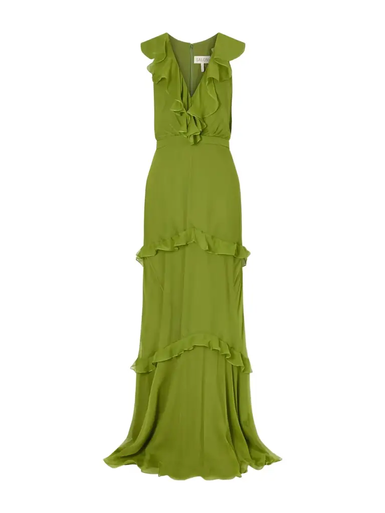 Saloni Rita Gathered Ruffled Silk Gown