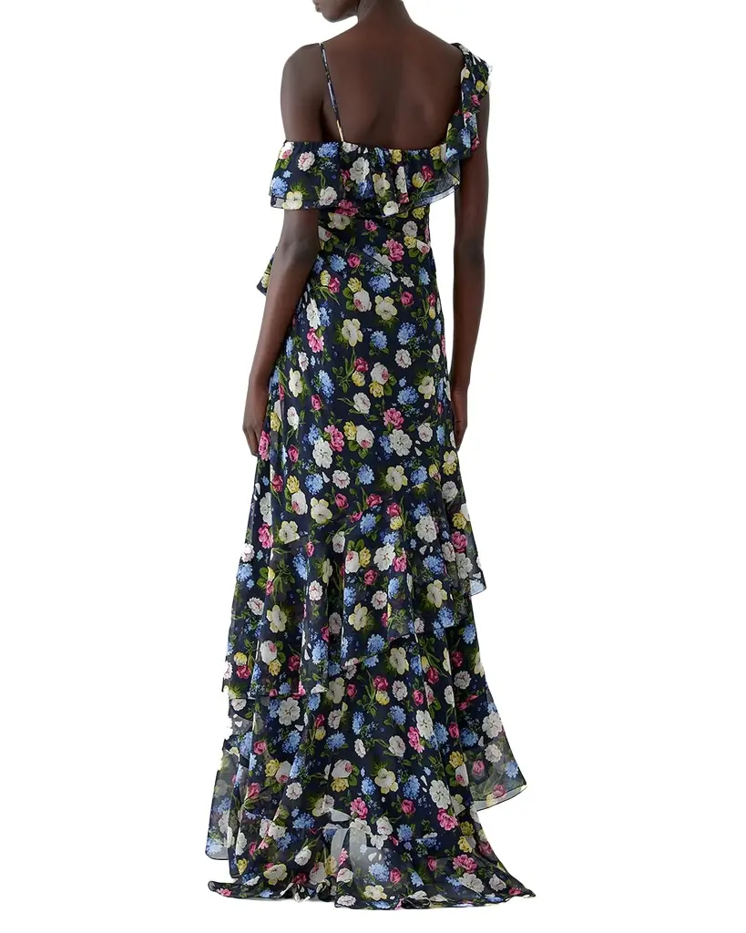 Carolina Herrera Floral-Print Silk Chiffon Asymmetric Ruffle Gown