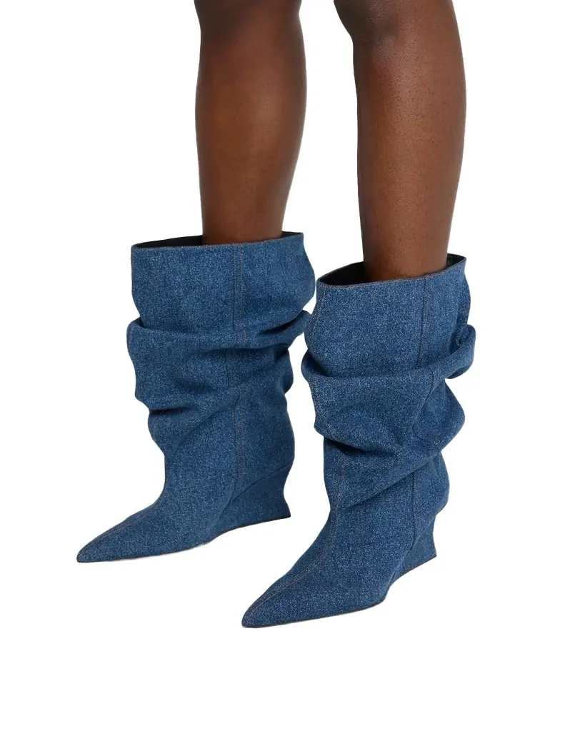 Balmain Scrunched Denim Wedge Ankle Boots - Women's Shoes