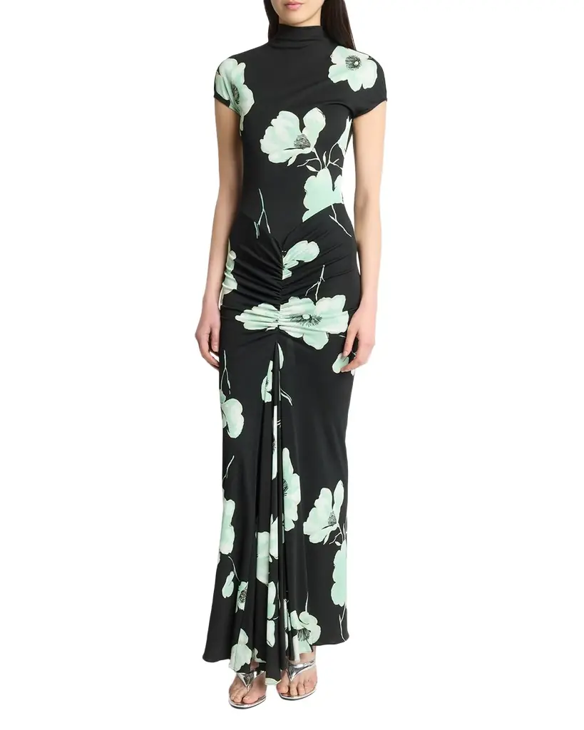 ALAIA Draped Floral-Print Jersey Maxi Dress