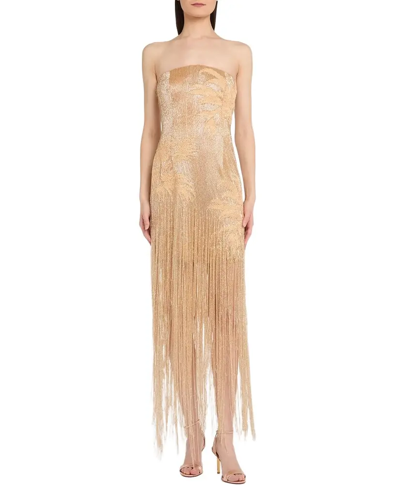 Oscar de la Renta Strapless Palm Raffia Embroidered Fringe Gown