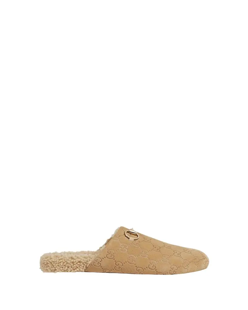 Gucci Horsebit GG Suede Shearling Mules