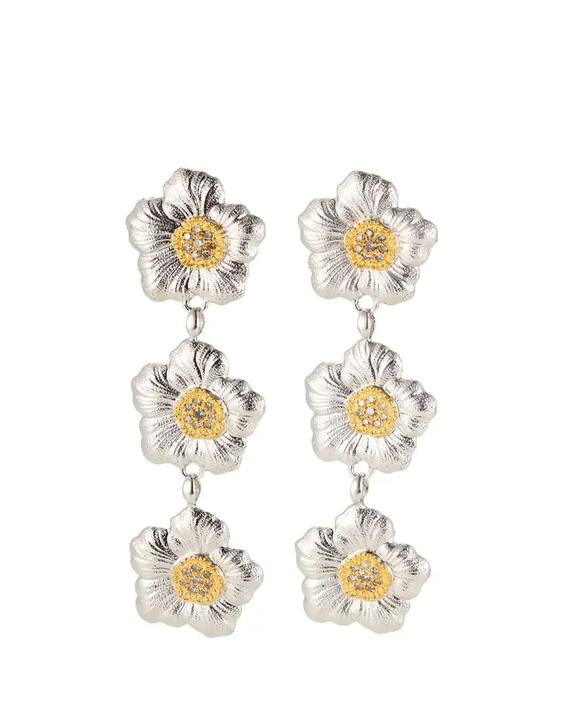 Buccellati Blossoms Gardenia Sterling Silver and 18K Yellow Gold Diamond Triple Drop Earrings