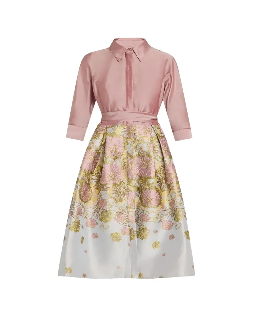 Rickie Freeman for Teri Jon Pleated Floral Jacquard Midi Shirtdress