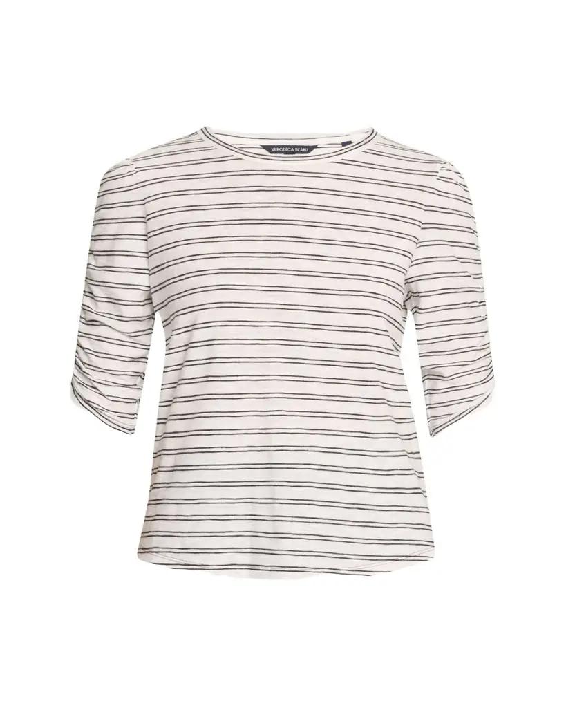 Veronica Beard Waldorf Stripe Ruched-Sleeve Tee