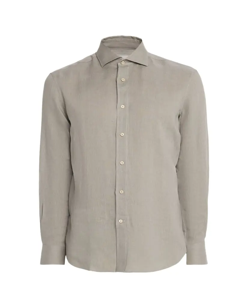 Brunello Cucinelli Men's Linen and Cotton Band Collar Button-Down Shirt