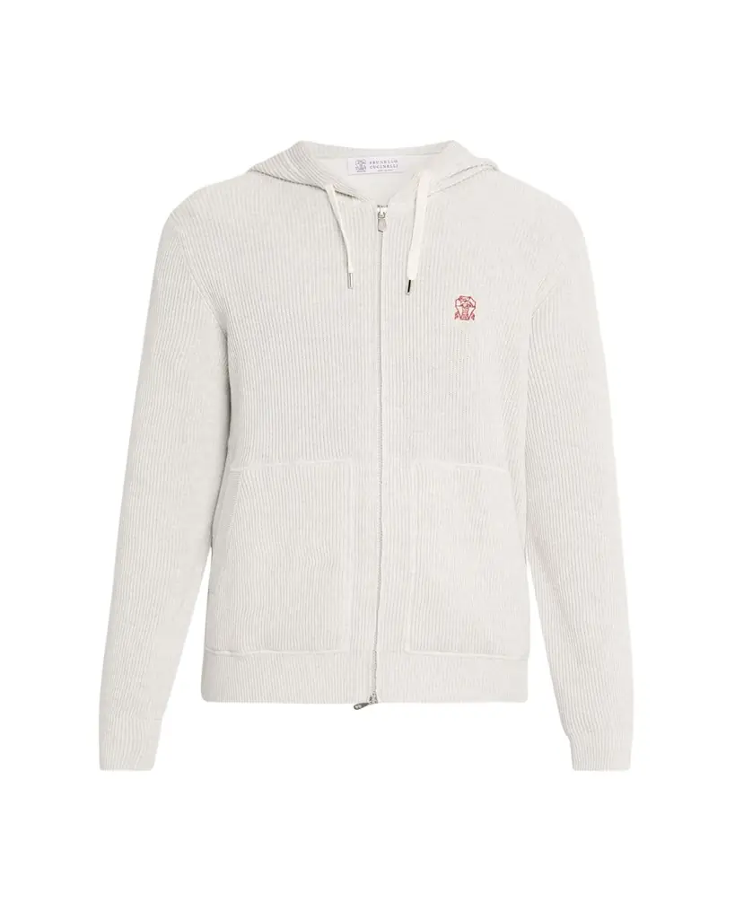 Brunello Cucinelli en's Cotton Rib Hooded Cardigan Sweatshirt