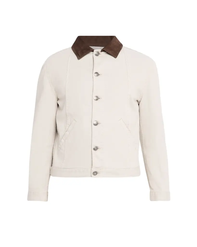 Brunello Cucinelli Men's Garment-Dyed Denim Leather-Collar Shirt Jacket