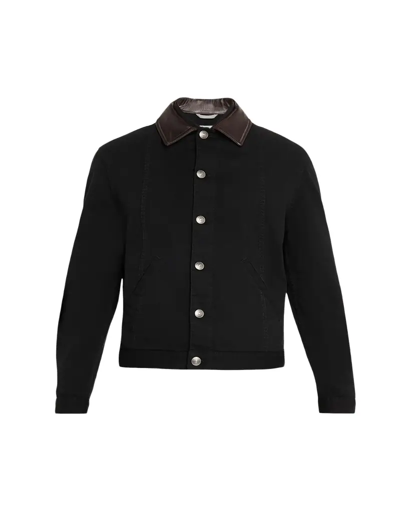 Brunello Cucinelli Men's Garment-Dyed Denim Leather-Collar Shirt Jacket