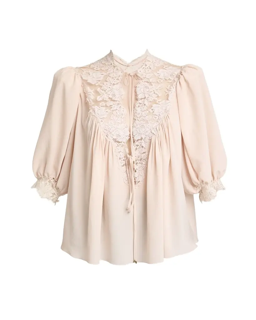 Chloe Lace-Trim Puff-Sleeve Organic Silk Crepe De Chine Top