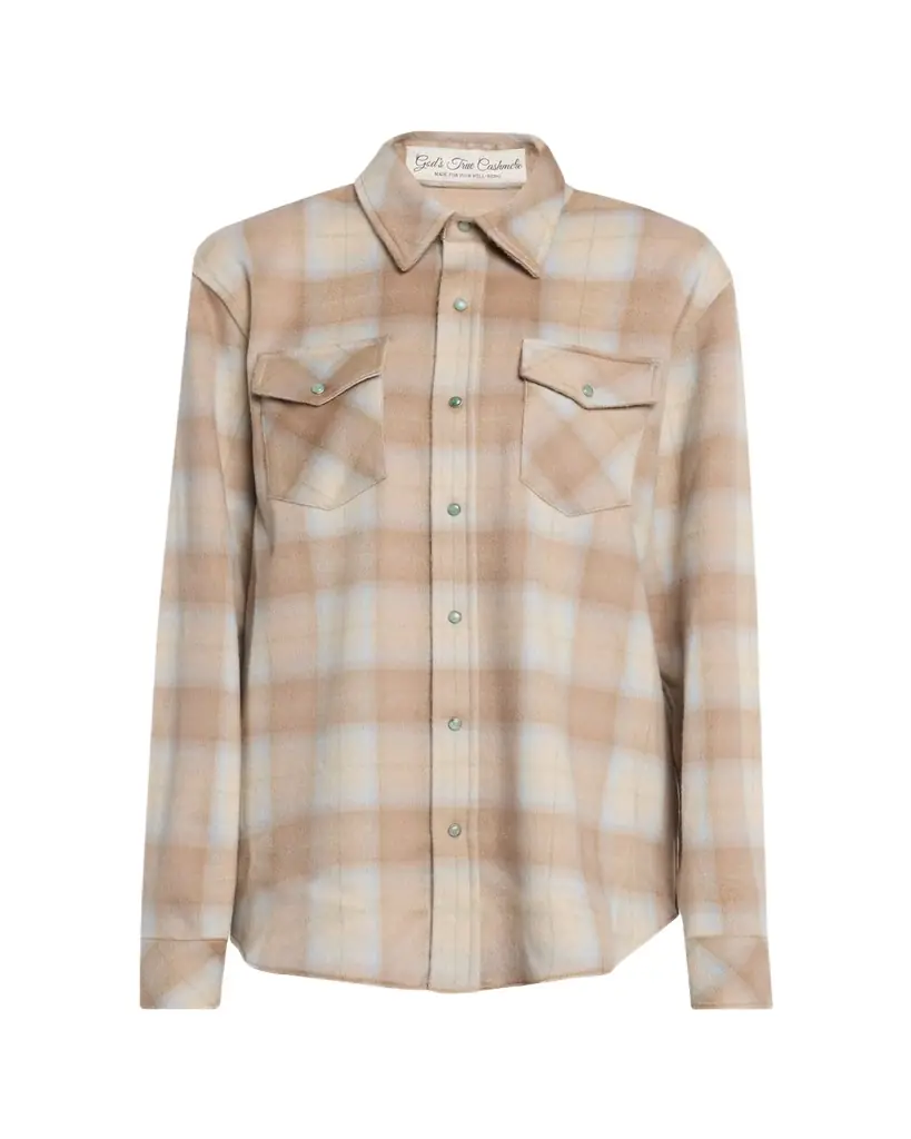 God's True Cashmere Champagne Tartan Button-Front Cashmere Shirt