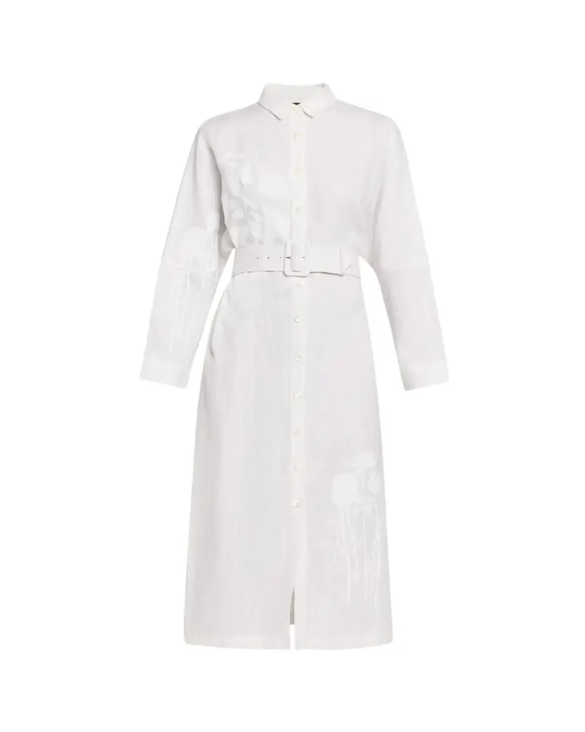 Libertine White On White Hand Silk Screen Belted Linen Shirtdress