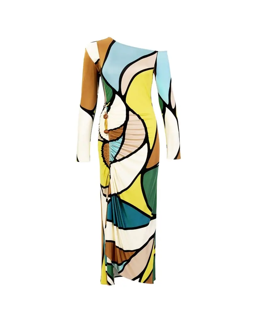 Silvia Tcherassi Ilania Abstract-Print Ruched Long-Sleeve Maxi Dress