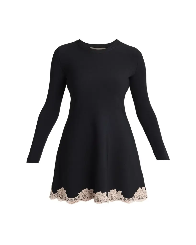 Valentino Garavani Lace-Trim Long-Sleeve Knit Mini Dress