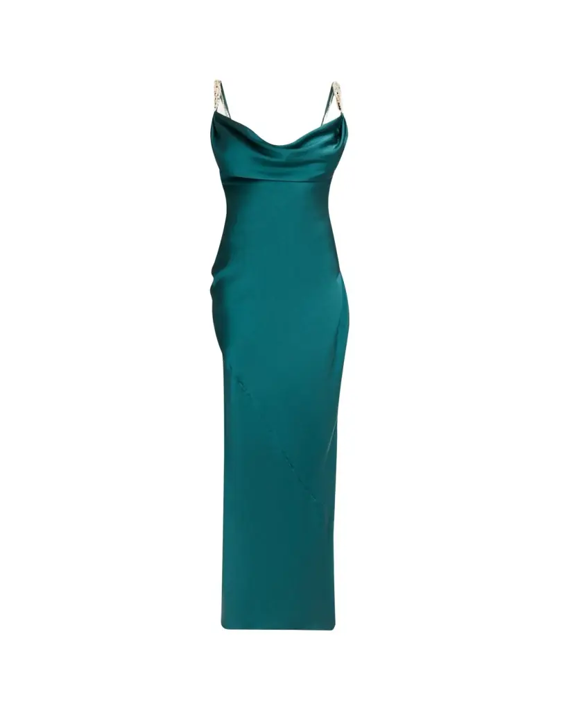 Balmain Cowl-Neck Embroidered Strap Silk Column Gown