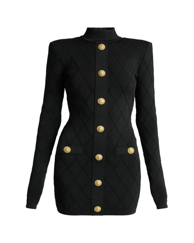 Balmain Long-Sleeve Buttoned Knit Mini Dress