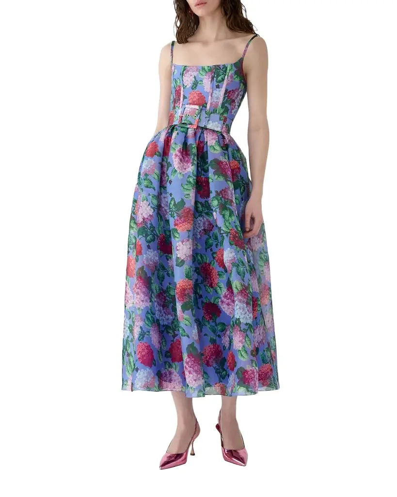 Carolina Herrera Hydrangea-Print Silk Organza Fit-and-Flare Midi Dress
