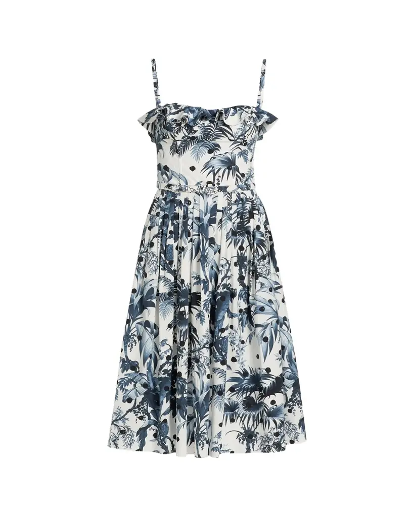 Oscar de la Renta Dotted Palm-Print Ruffle Sleeveless Midi Dress With Belt
