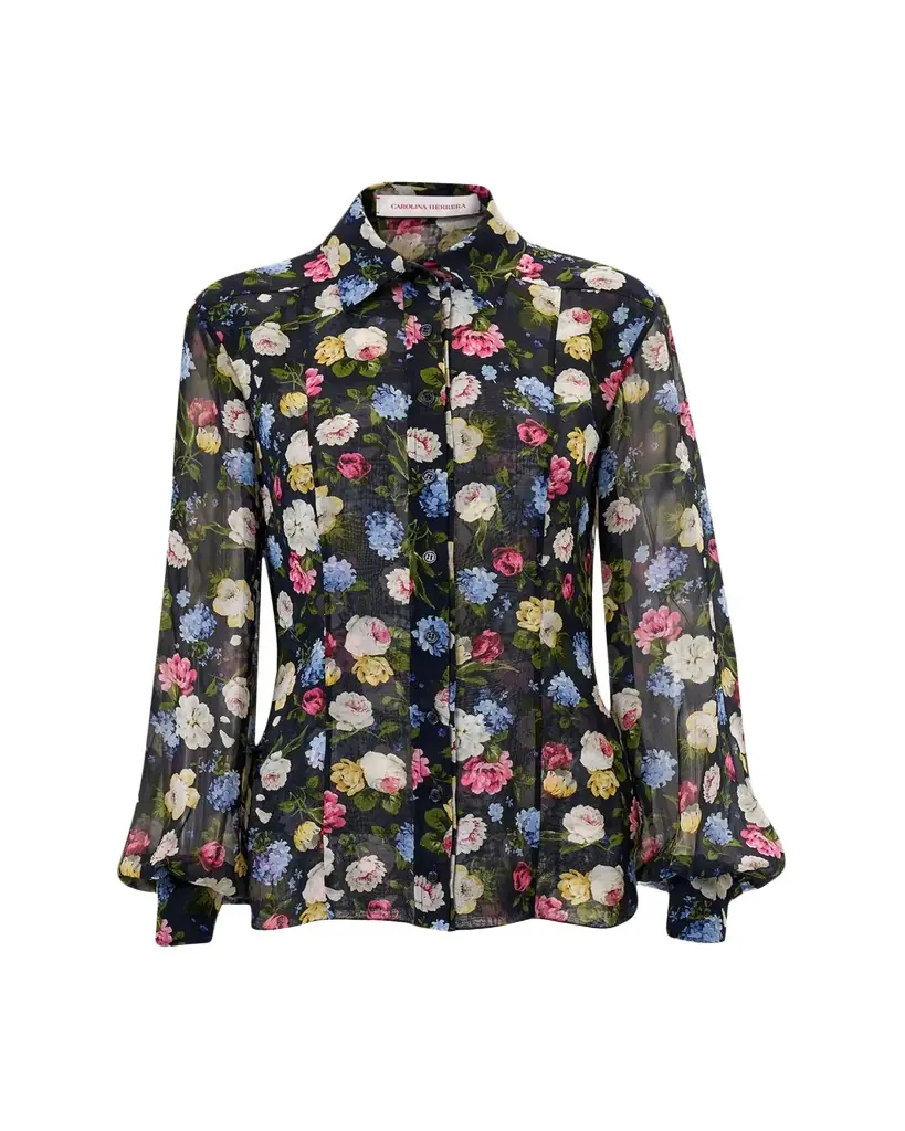 Carolina Herrera Isabella Rose-Print Silk Chiffon Button-Down Shirt