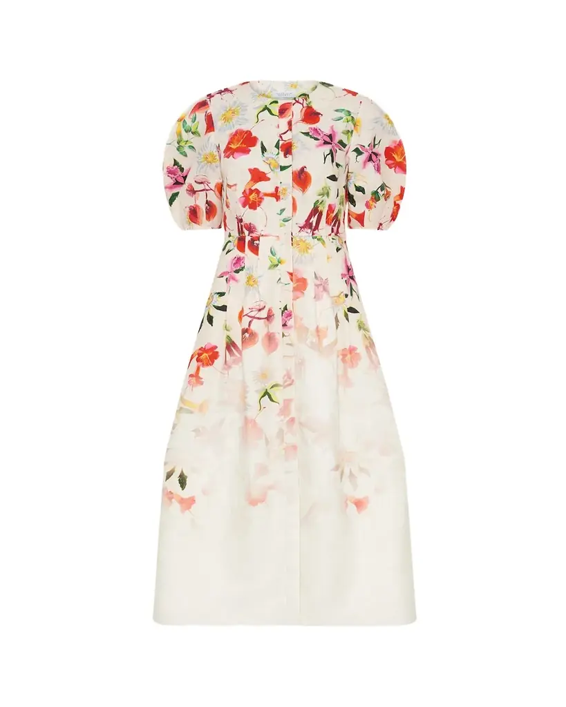 Gabriela Hearst Ignis Degrade Floral-Print Linen Puff-Sleeve Midi Dress