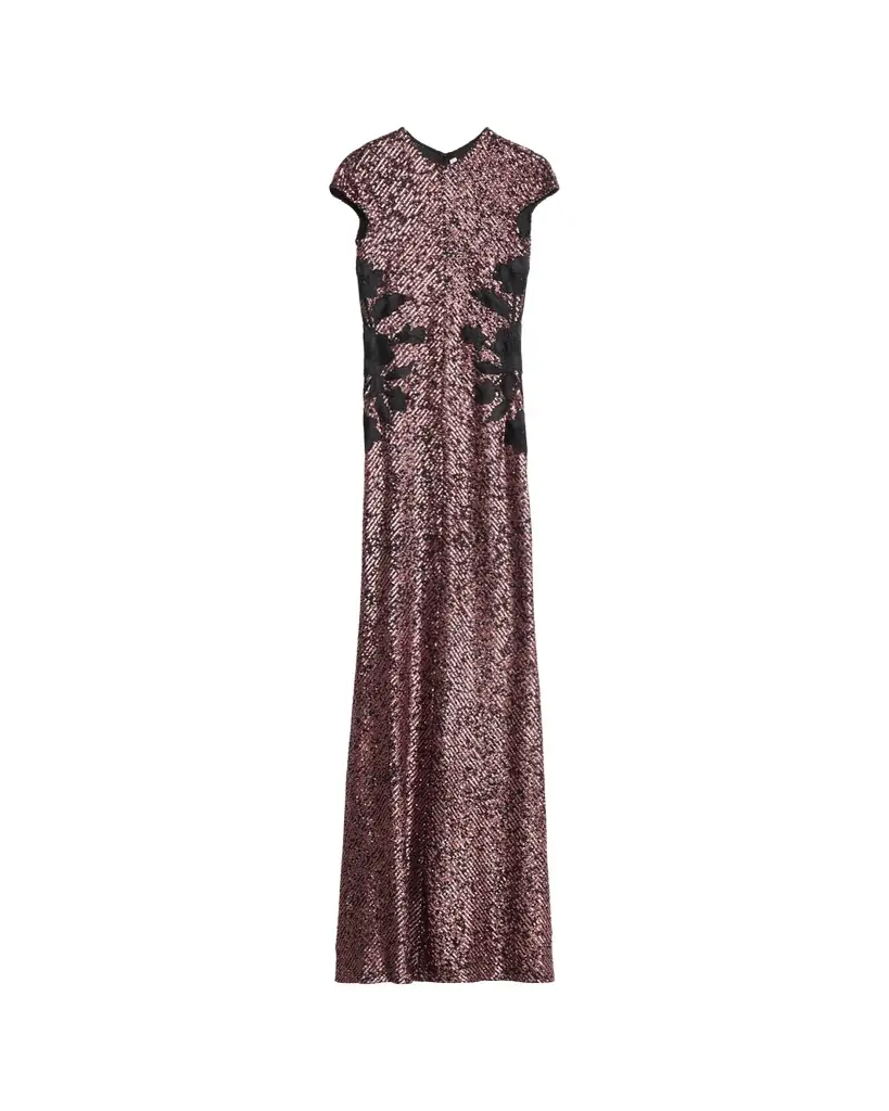Naeem Khan Floral Applique Short-Sleeved Sequin Gown