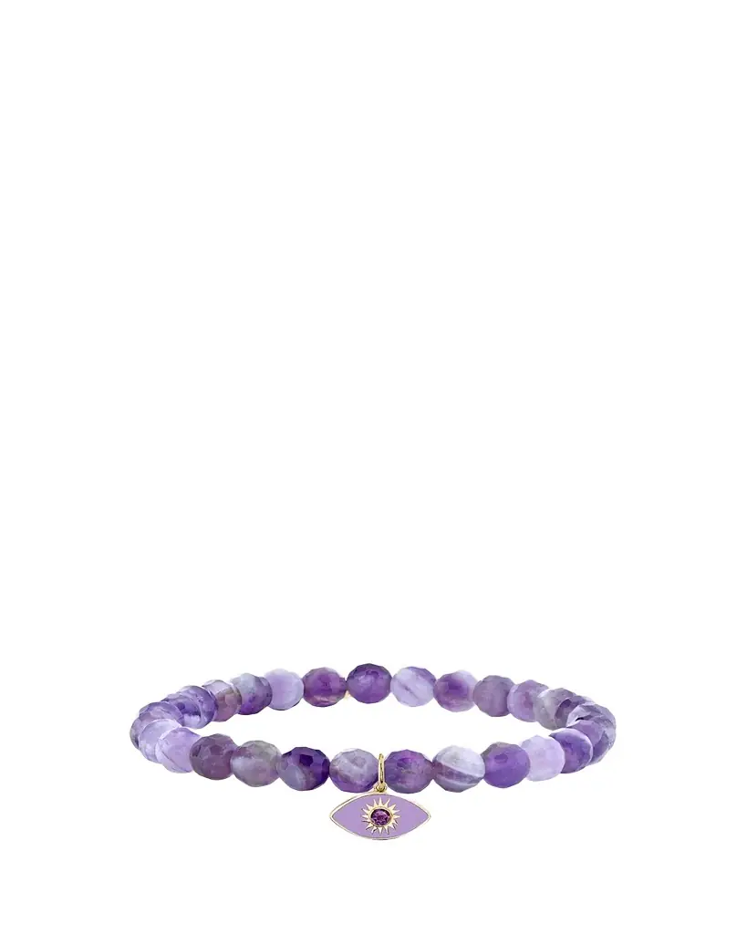 Sydney Evan 14K Sunburst Amethyst Evil Eye on Beaded Stretch Bracelet