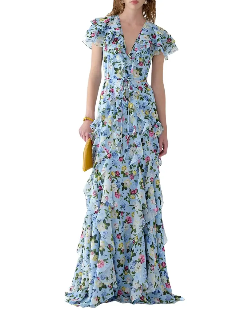 Carolina Herrera Floral Ruffle Chiffon Short-Sleeve Maxi Dress