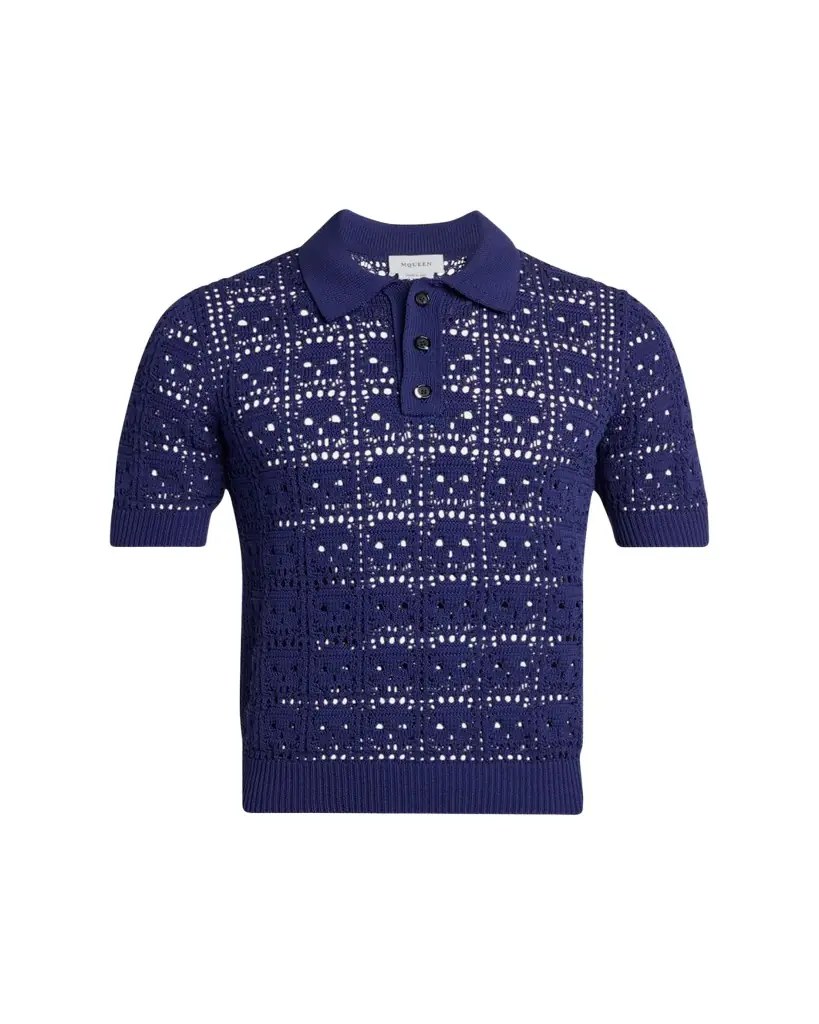 McQueen Men's Cotton Crochet Skull Openwork Short-Sleeve Polo Sweater