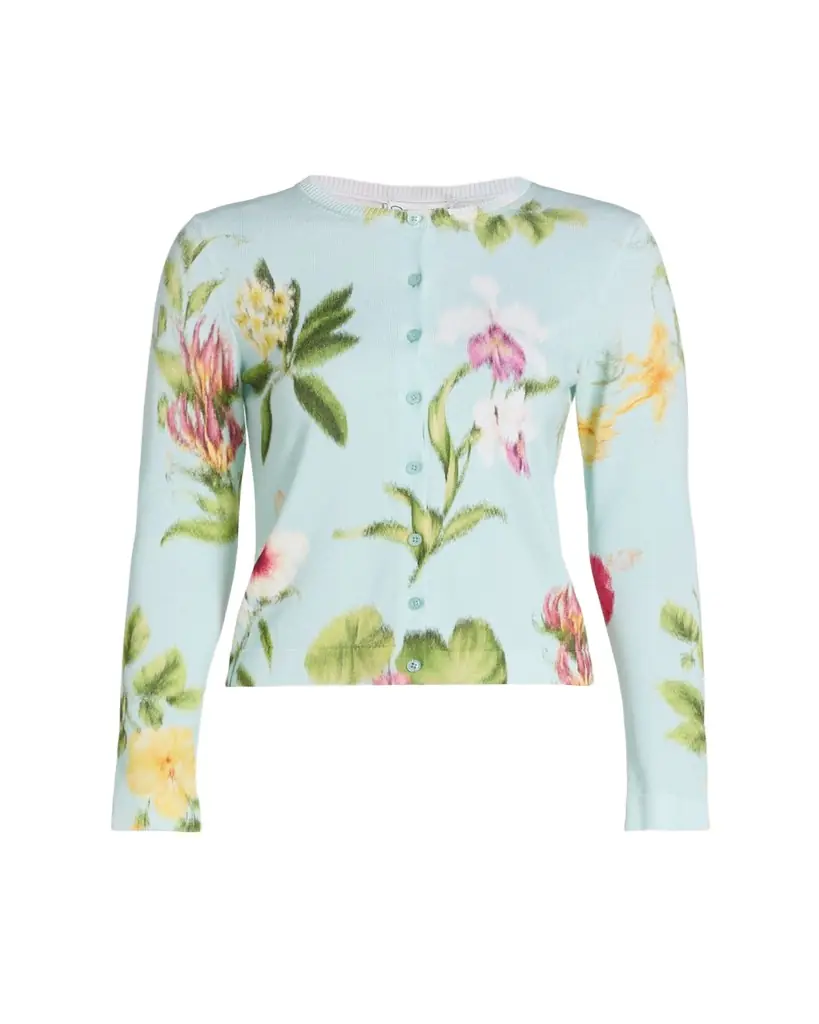Oscar de la Renta Dominican Floral-Print Crewneck Cardigan - Women's Clothing
