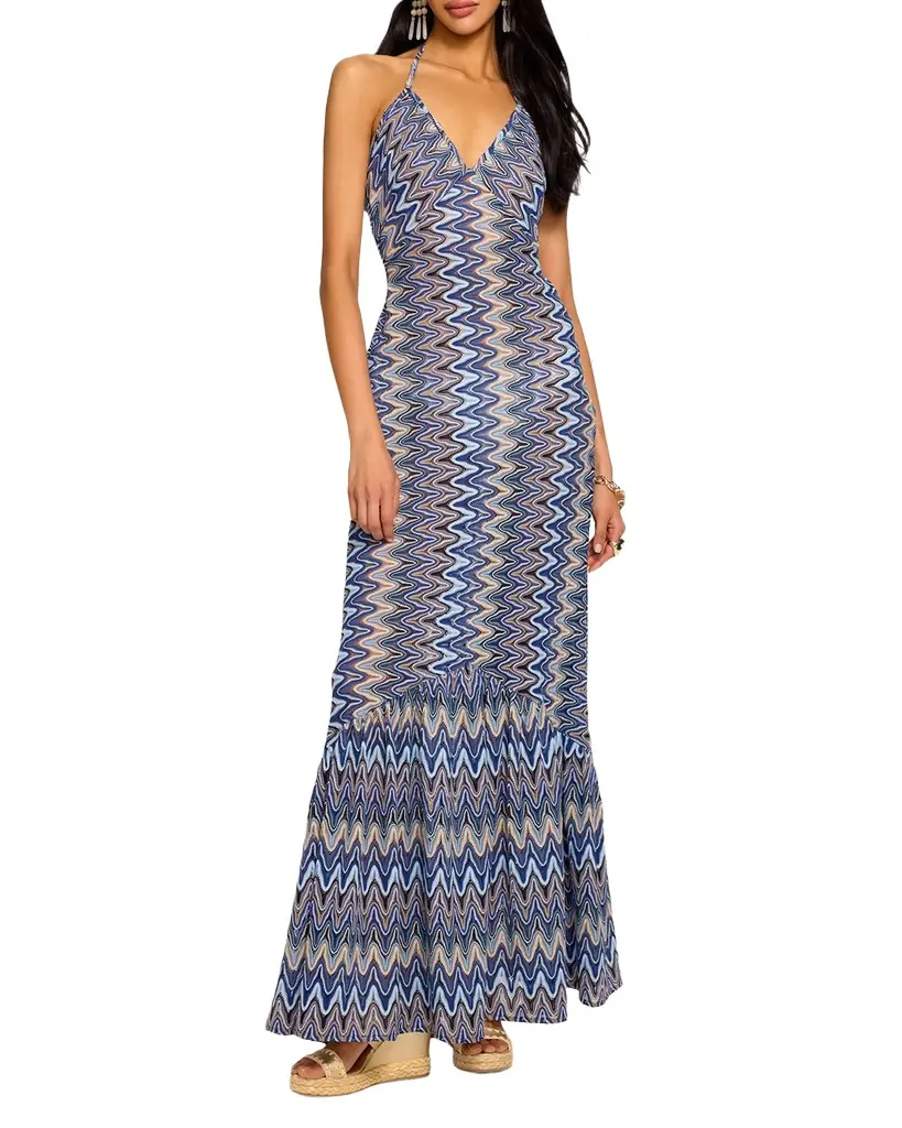 Ramy Brook Delilah Chevron Halter Maxi Dress
