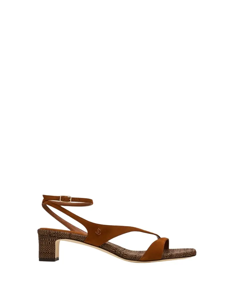 Jimmy Choo 45mm Faye Suede and Raffia Asymmetric Ankle-Strap Sandals