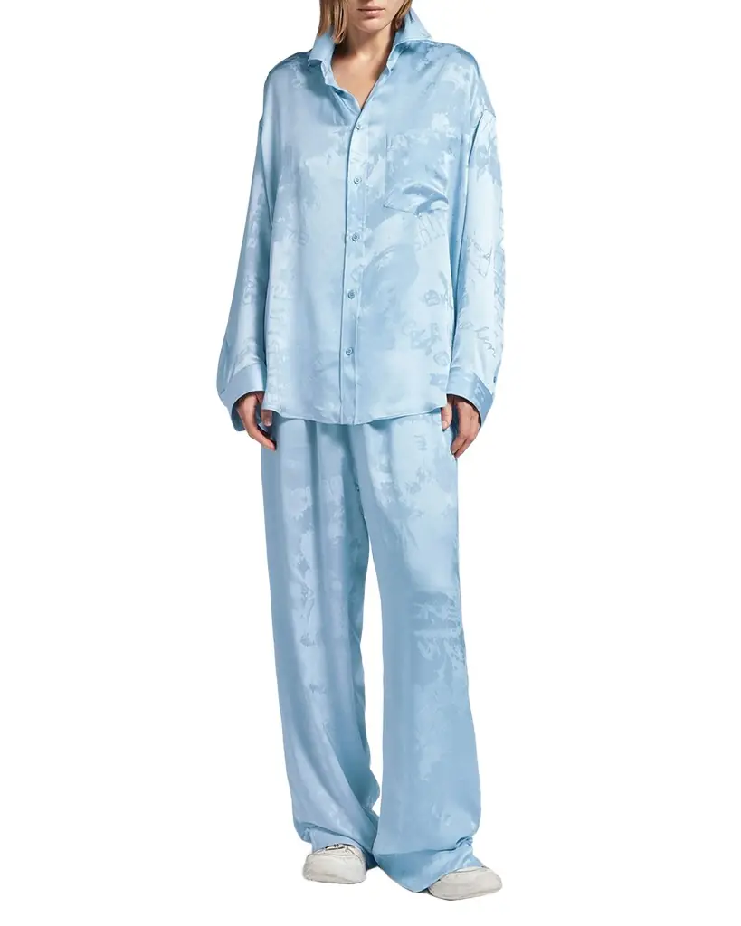Balenciaga Logo Silk Jacquard Button-Down Cocoon Shirt