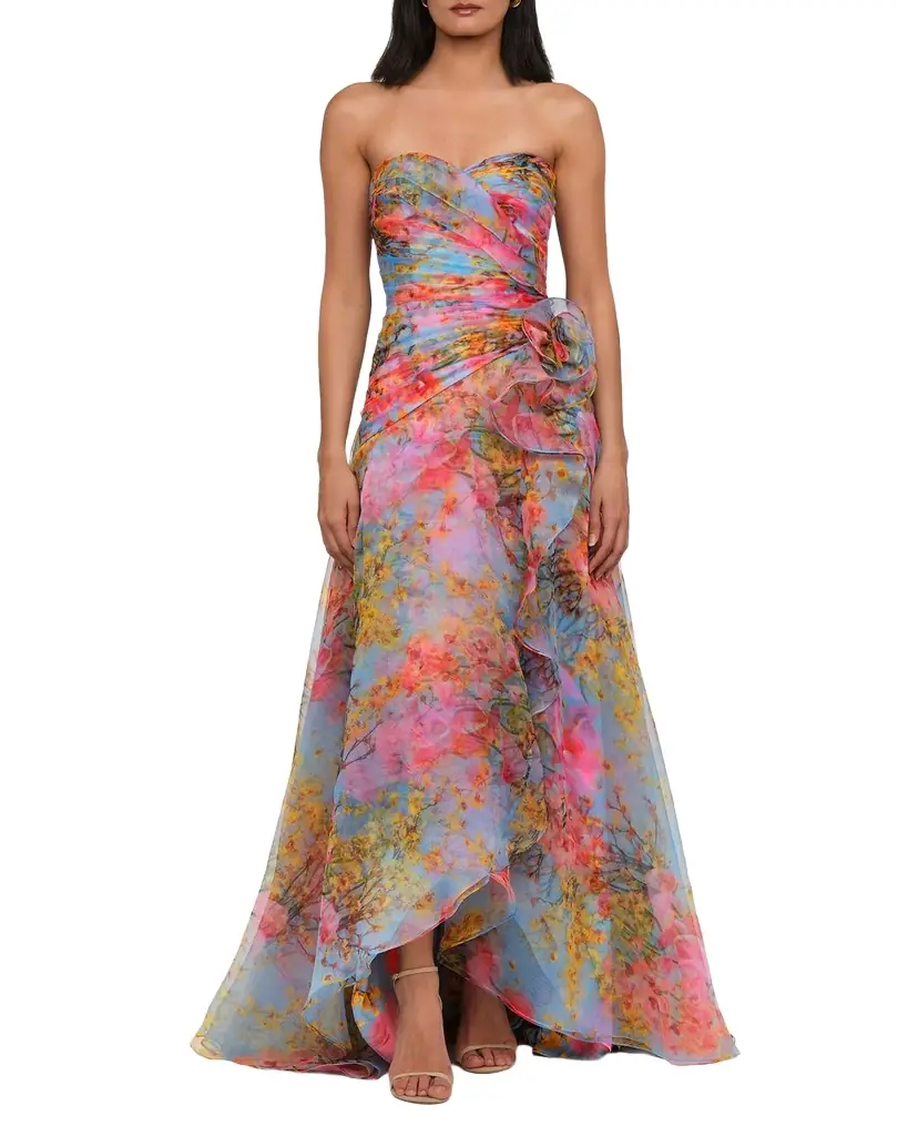 Theia Eloise Strapless Floral-Print Organza Gown