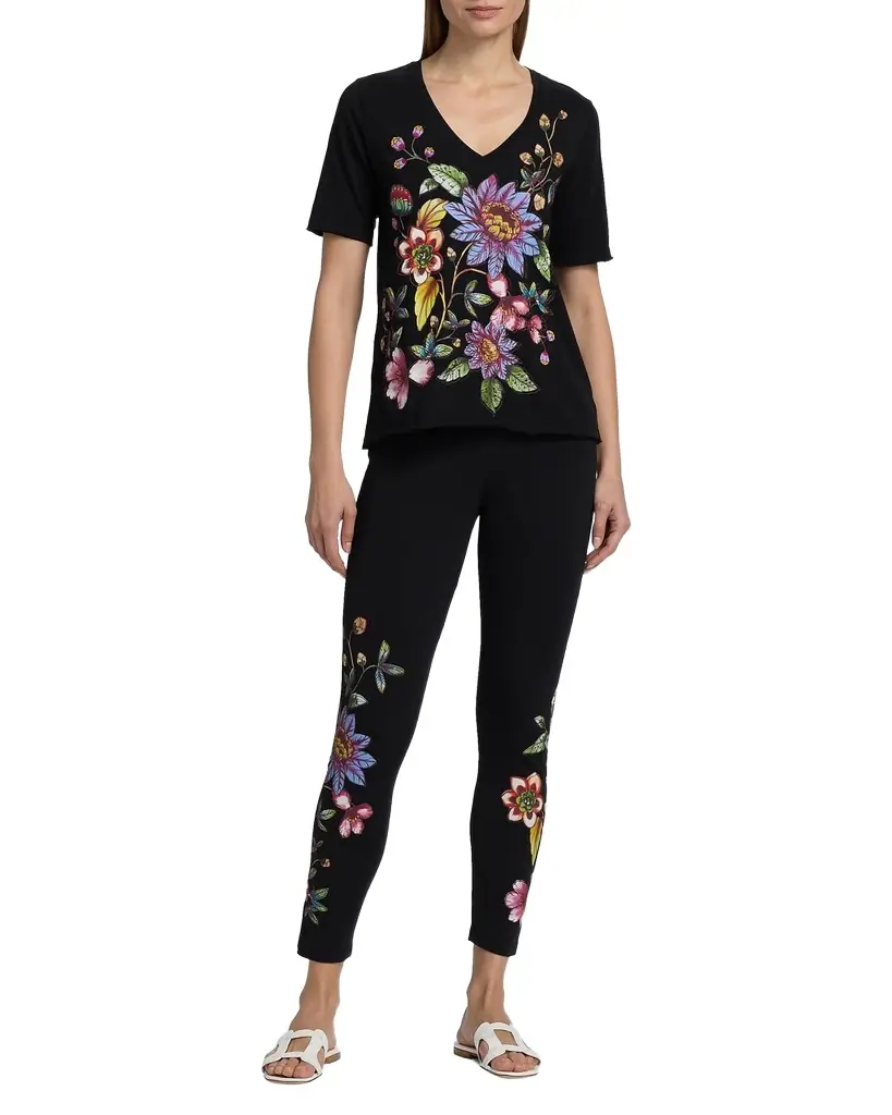 Johnny Was Raw-Cut Floral Embroidered Cotton T-Shirt