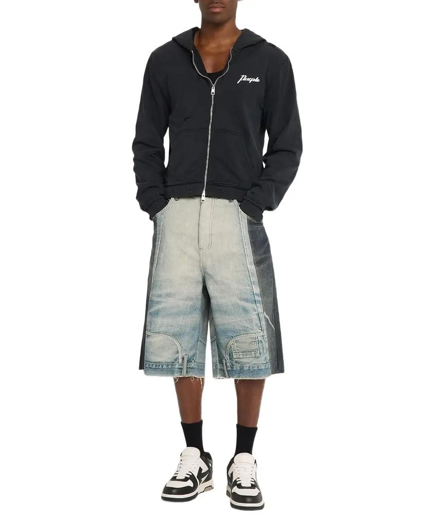 PURPLE Men 's Upside-Down Distressed Hem Denim Shorts