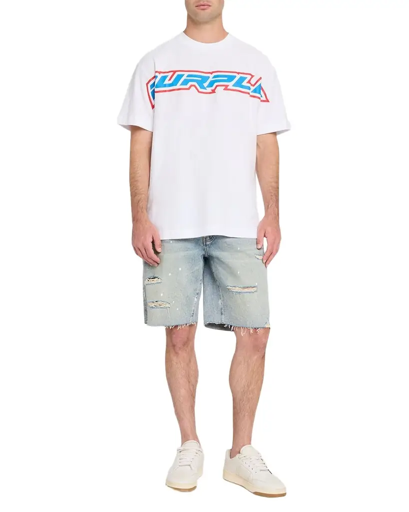 PURPLE Men 's Painterly Distressed Denim Shorts
