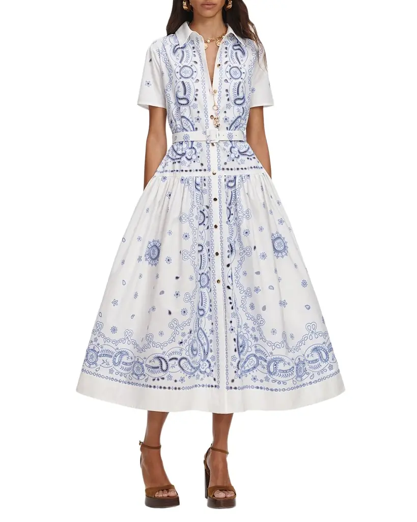 Self-Portrait Embroidered Cotton Belted Midi Dress