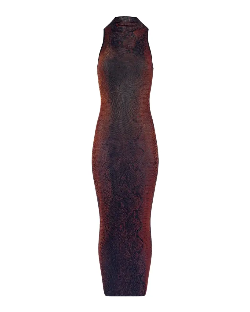 Jean Paul Gaultier Snakeskin-Print Mesh High-Neck Sleeveless Maxi Dress