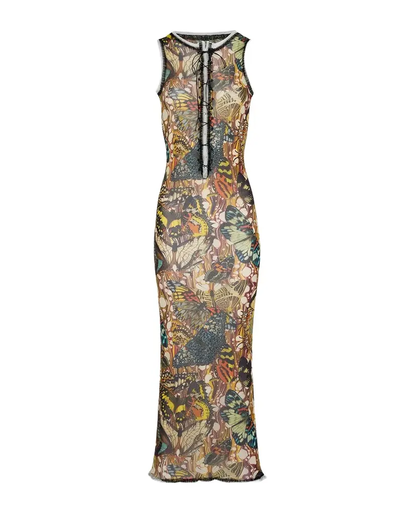 Jean Paul Gaultier Re-Edition Butterfly-Print Mesh Lace-Up Maxi Dress - Women's Clothing