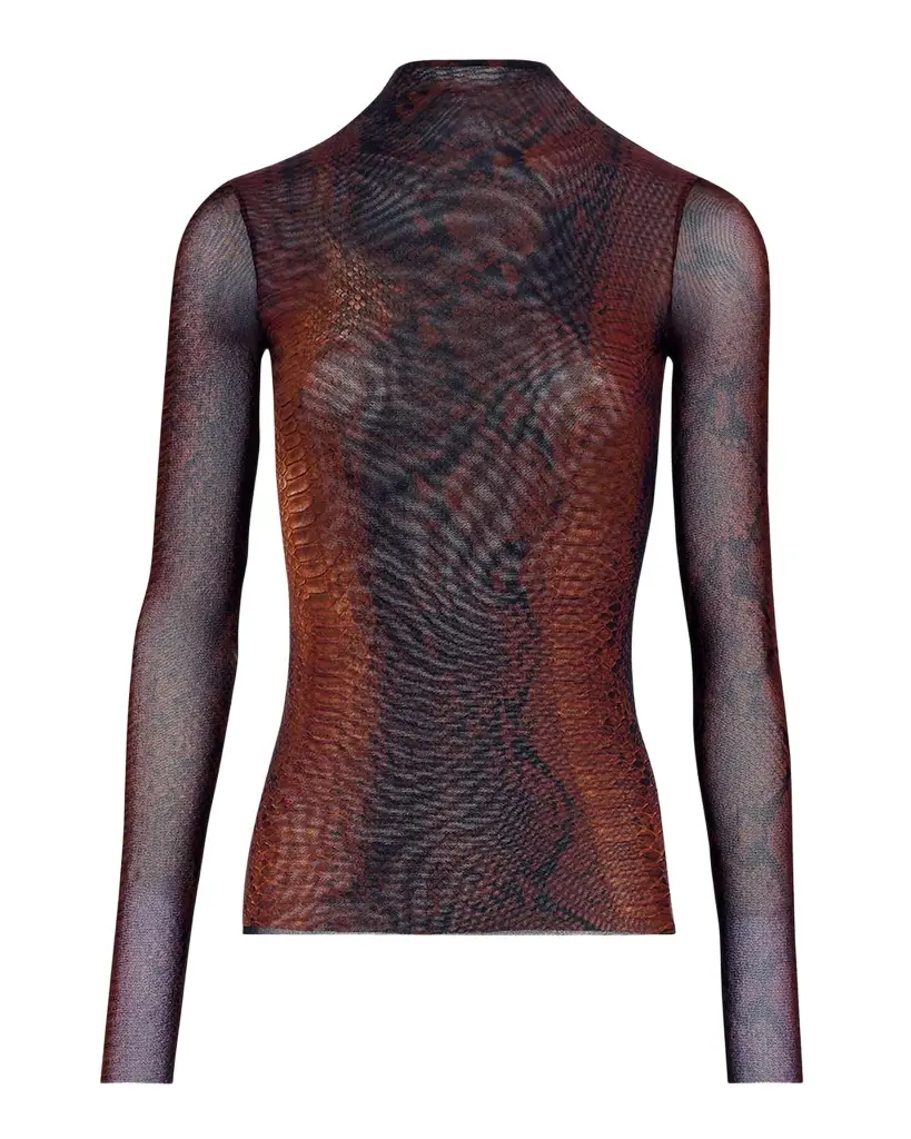 Jean Paul Gaultier Snakeskin-Print Mesh High-Neck Long-Sleeve Top