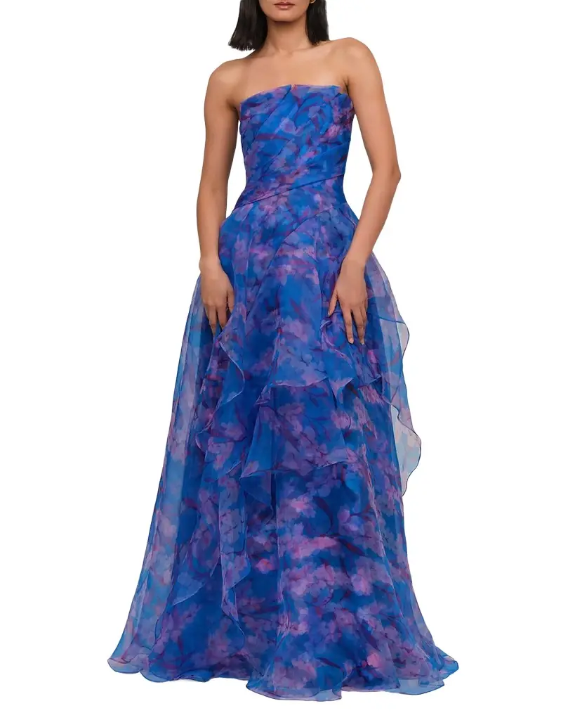 Theia Orelia Strapless Floral-Print Orgnaza Gown