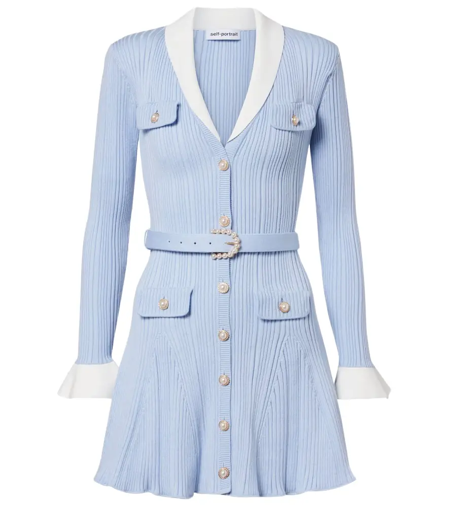 Self-Portrait Belted ribbed-knit minidress