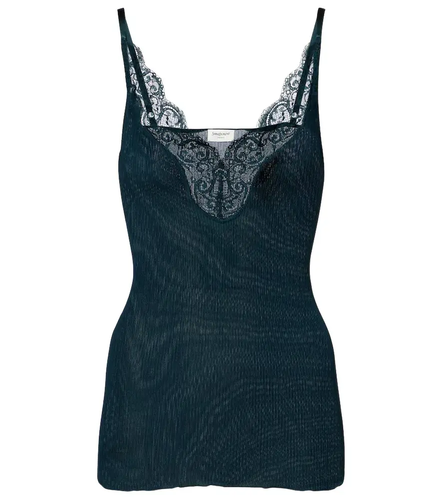 Saint Laurent Lace-trimmed ribbed-knit silk top