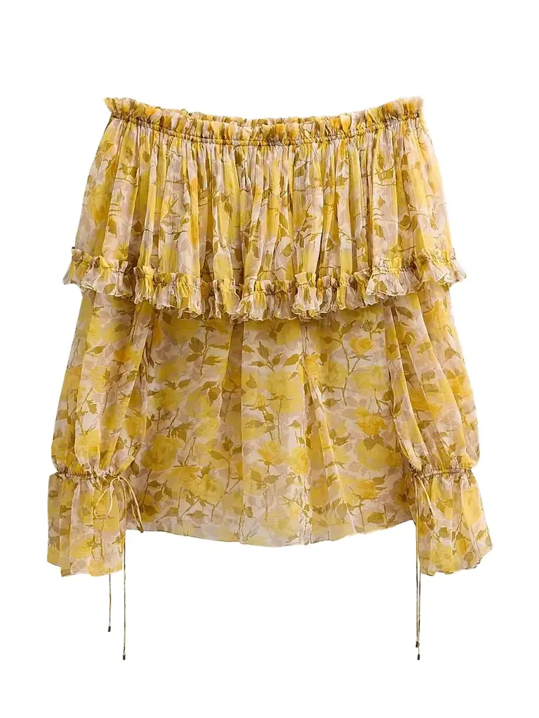 Chloé Women's Floral Silk Off-the-Shoulder Top - White Yellow