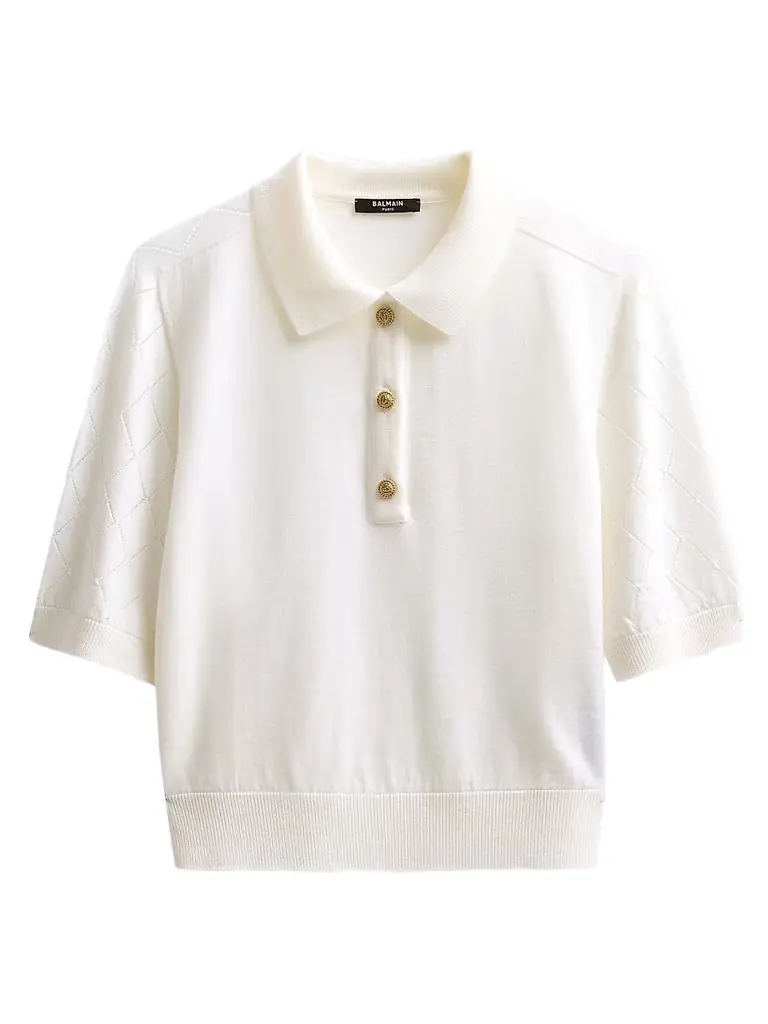 Balmain Women's Diamond-Knit-Sleeve Merino Wool Polo Shirt - Blanc - Women's Clothing